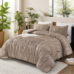 Taupe crinkle cotton comforter side layout with pillows
