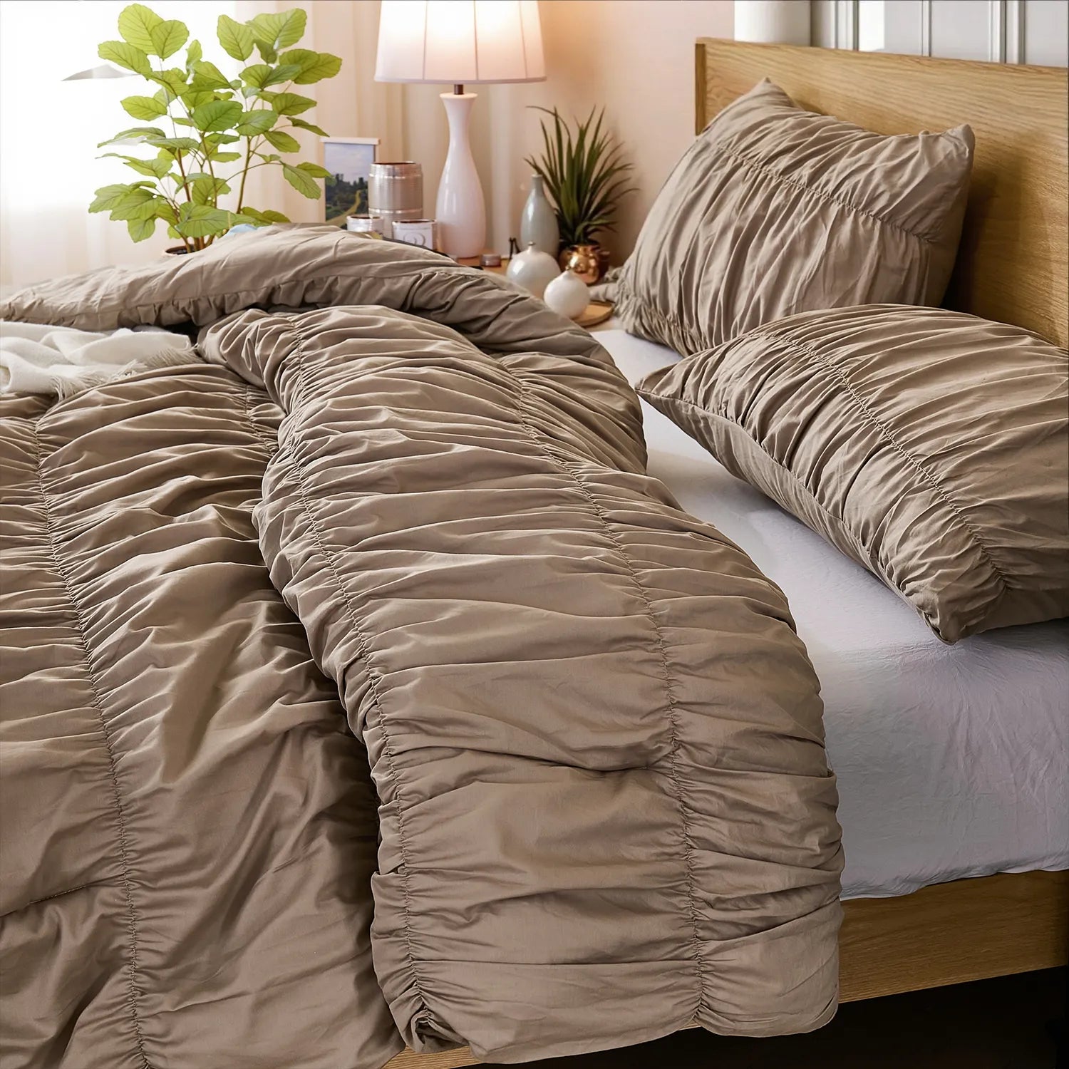 Taupe crinkle cotton comforter texture closeup