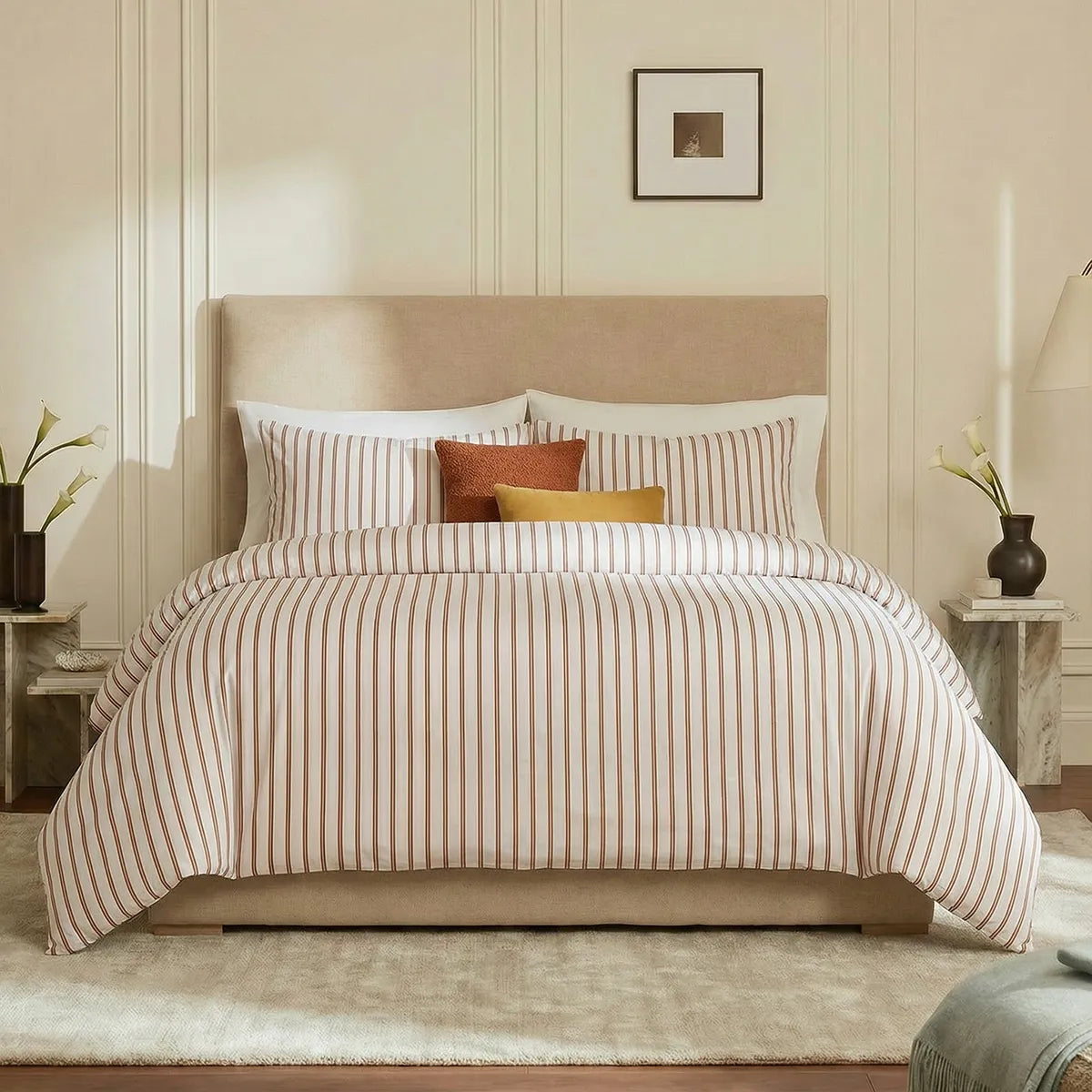 Terracotta striped duvet cover front view
