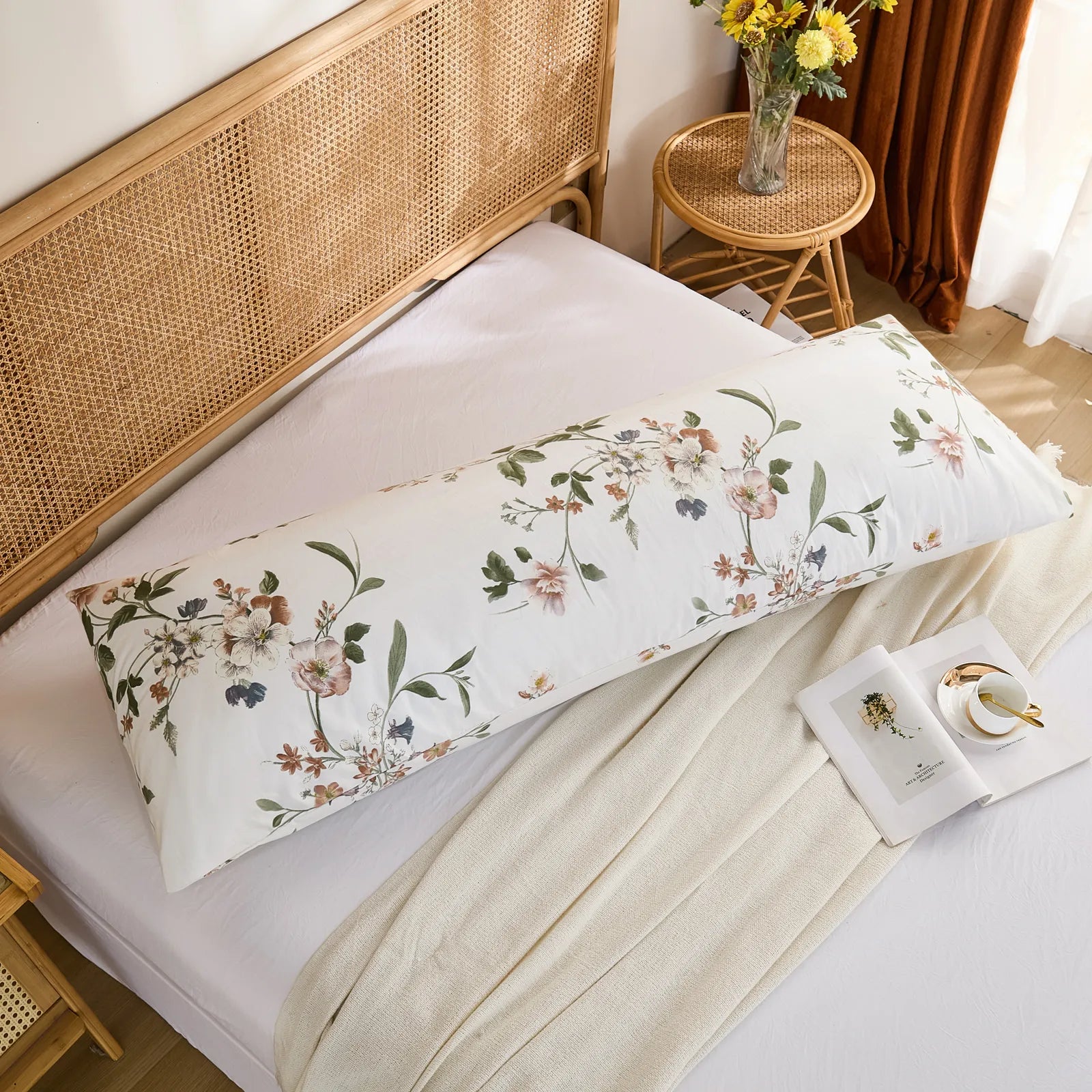 Timeless Garden Cotton Long Pillowcase bedroom display with rustic floral style