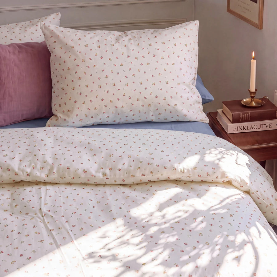 tiny blossom comforter set cream pink floral pillow nightstand candle 2