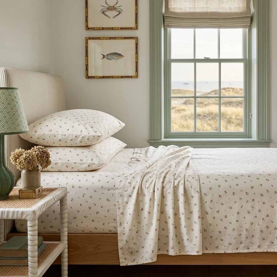 tiny blossom sheet set coastal bedroom window scene