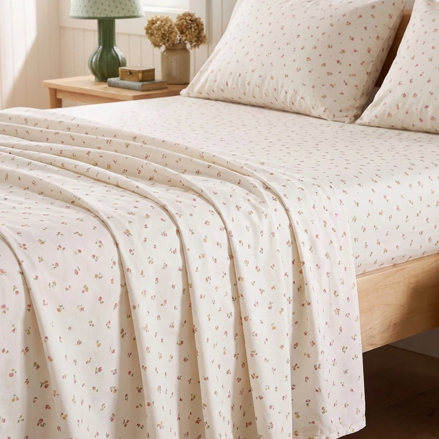 tiny blossom sheet set ditsy floral fabric closeup