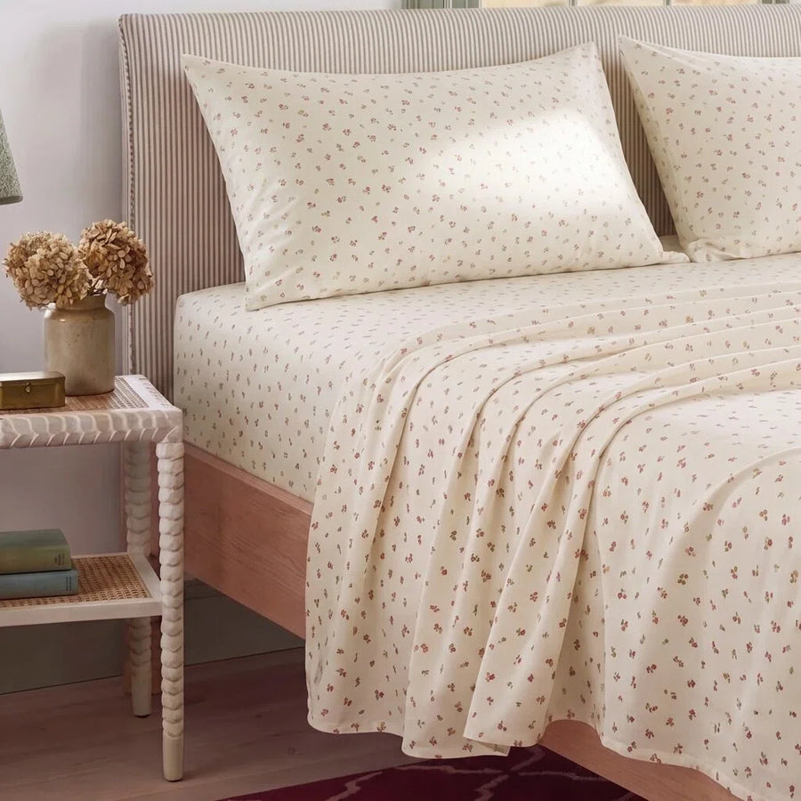 tiny blossom sheet set striped headboard detail scene