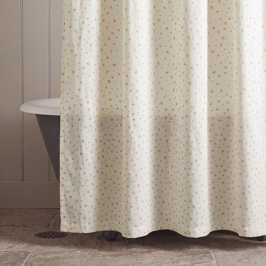 tiny blossom shower curtain ivory clawfoot tub stone floor