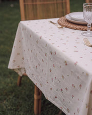tiny blossom tablecloth draped fabric detail