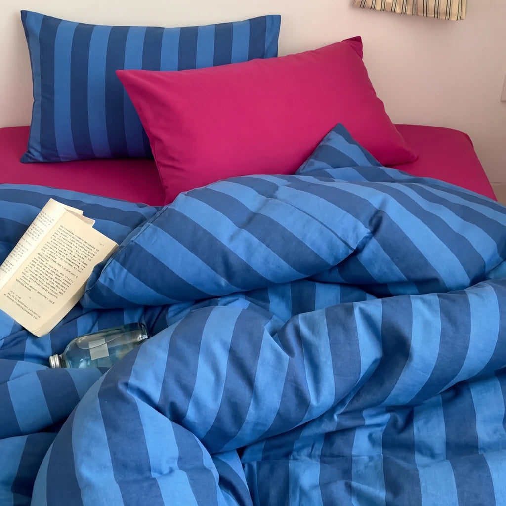vibrant blue stripe cotton quilt cover breathable soft