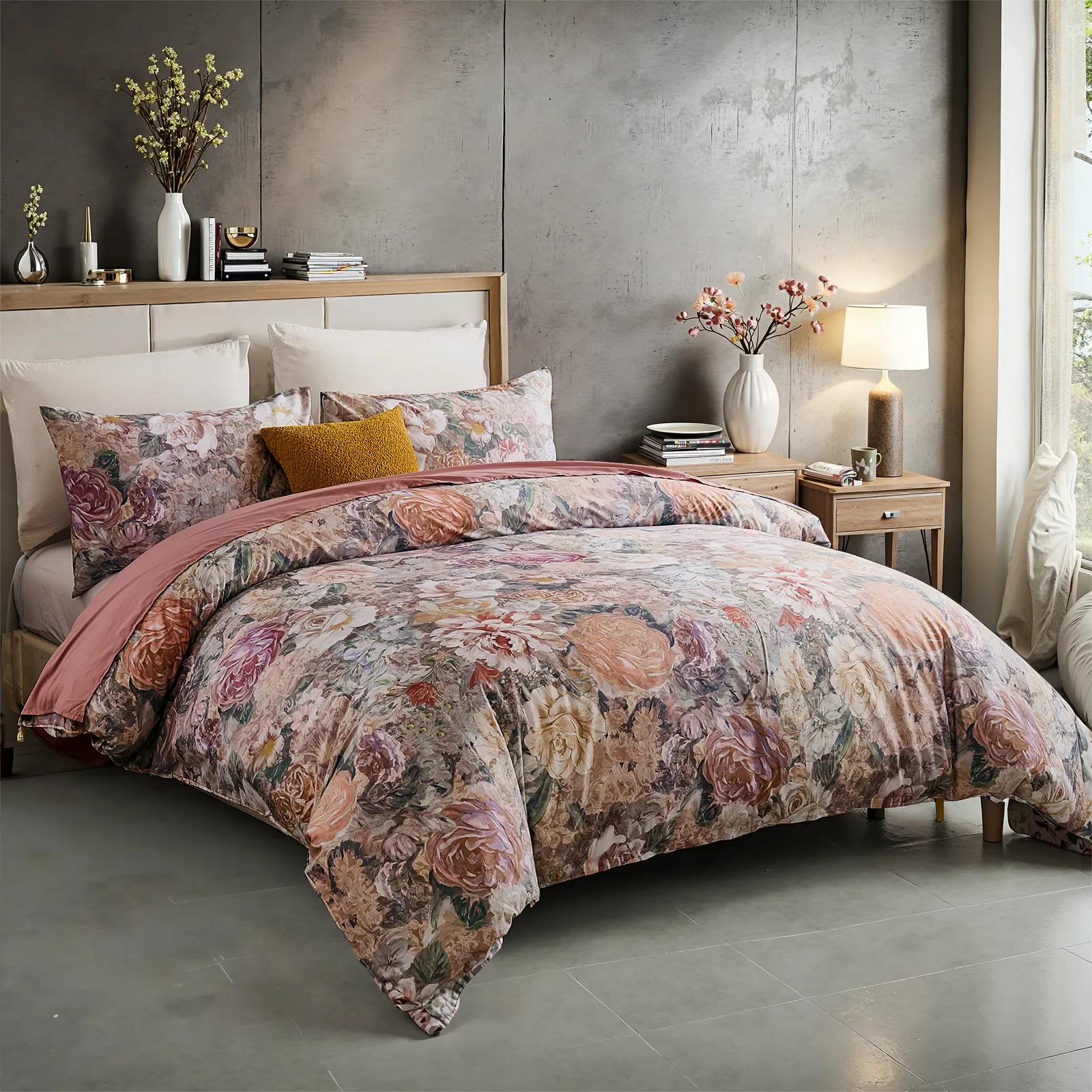 Vintage floral duvet set with yellow pillow and gray wall background