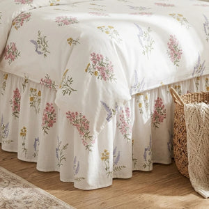vintage botanical linen bed skirt with fitted sheet corner with bed