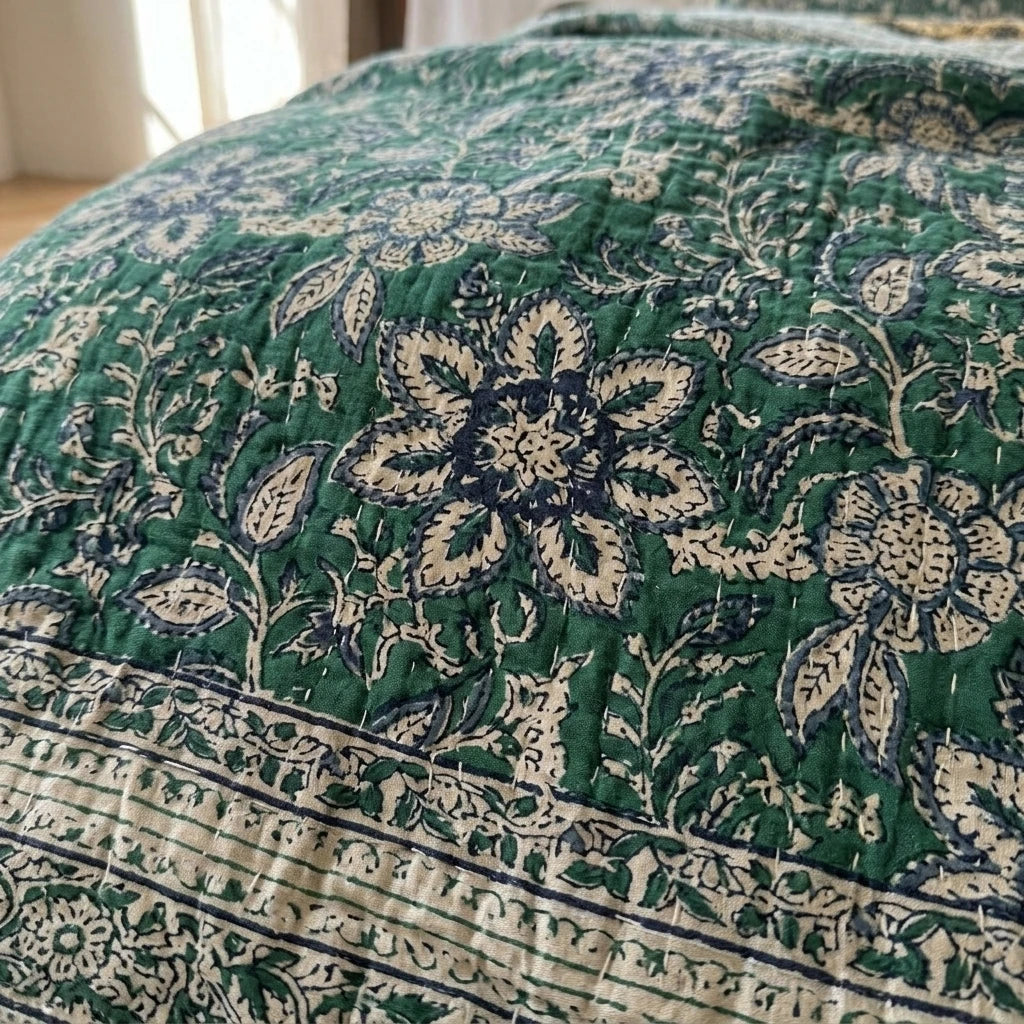vintage emerald green jacquard cotton blanket fold