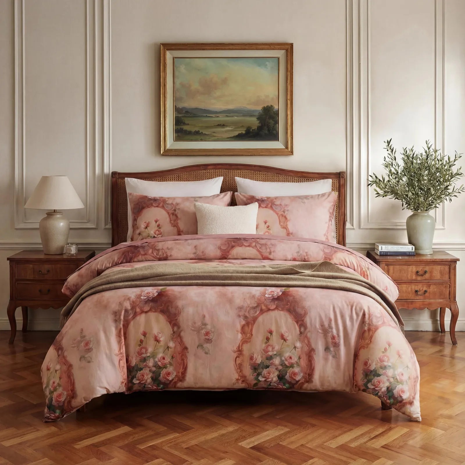 Vintage pink floral bedding in a classic bedroom