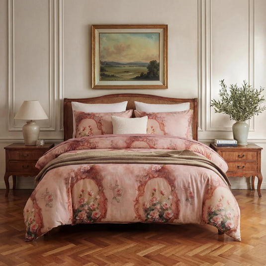 Vintage pink floral bedding in a classic bedroom