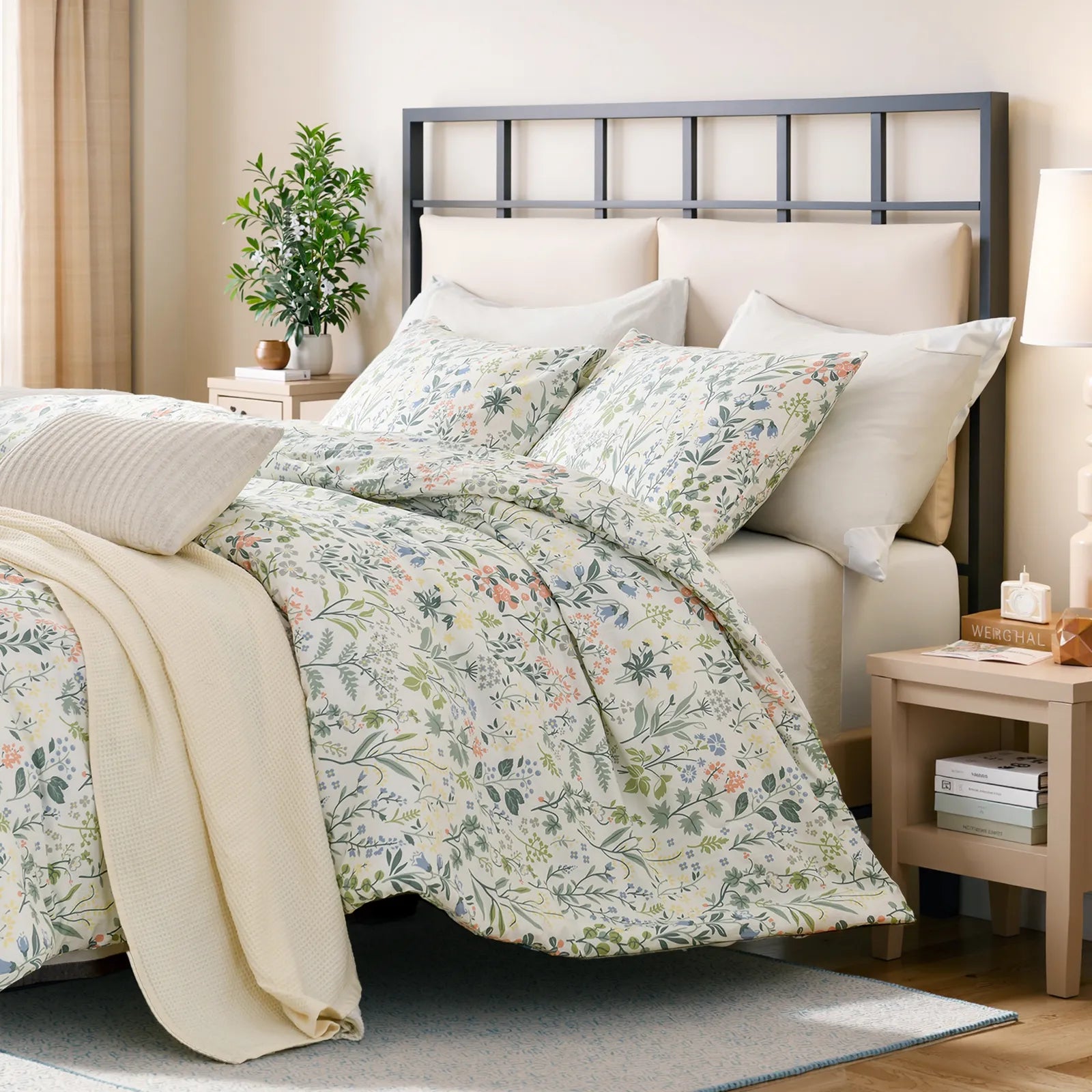 Side view of vintage green floral cotton pillowcases showing botanical pattern 