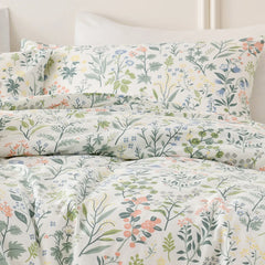 A detailed shot of the fabric texture of the vintage floral duvet cover