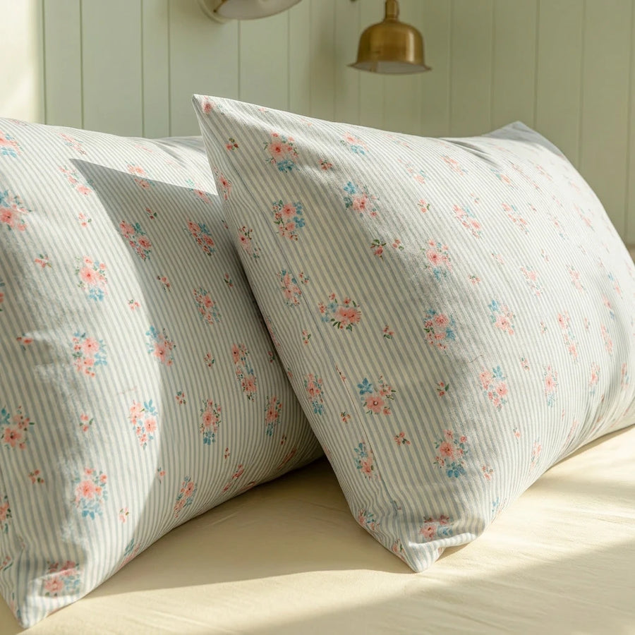 vintage floral print pillowcases pink pinstripe cottagecore style