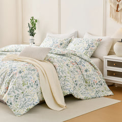 A complete bedroom scene featuring the 100% Cotton Vintage Green Floral comfort set.