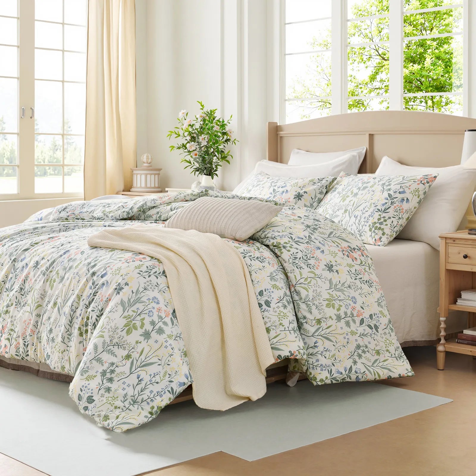 angled view of a bed with the 100% Cotton Vintage Green Floral comfort set