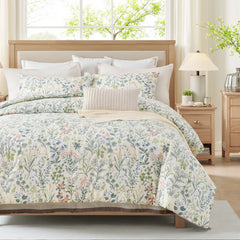 A bed with a styled 100% Cotton Vintage Green Floral comfort set in a modern bedroom.