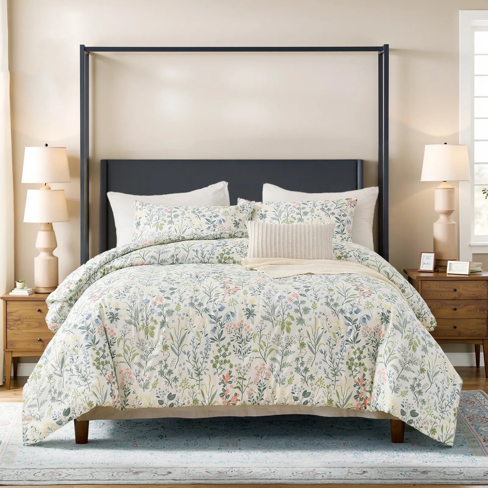 Full view of the vintage green floral duvet cover set on a bed