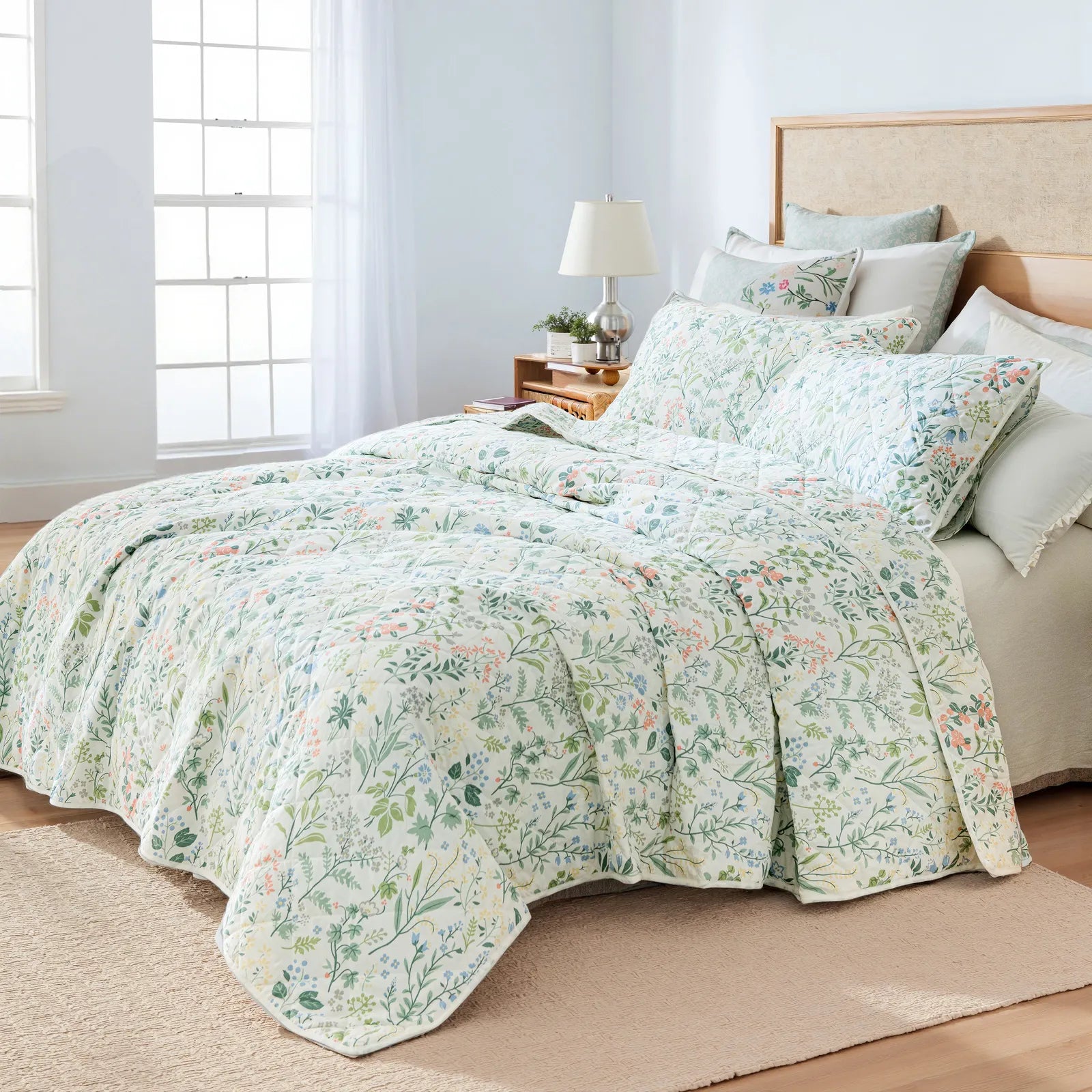 Side view of the quilt set with matching pillows.