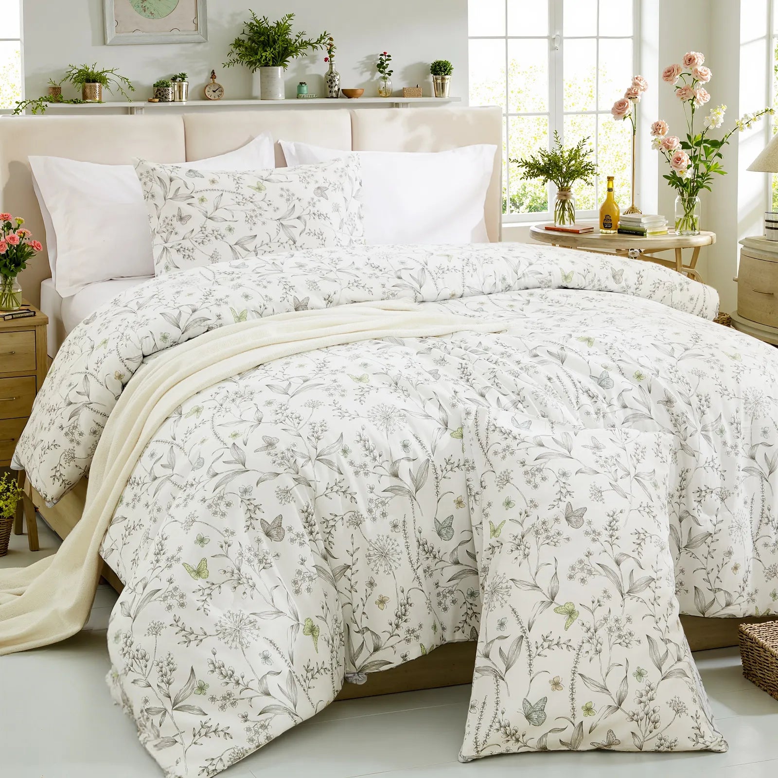 The grey floral duvet cover set folded neatly for display