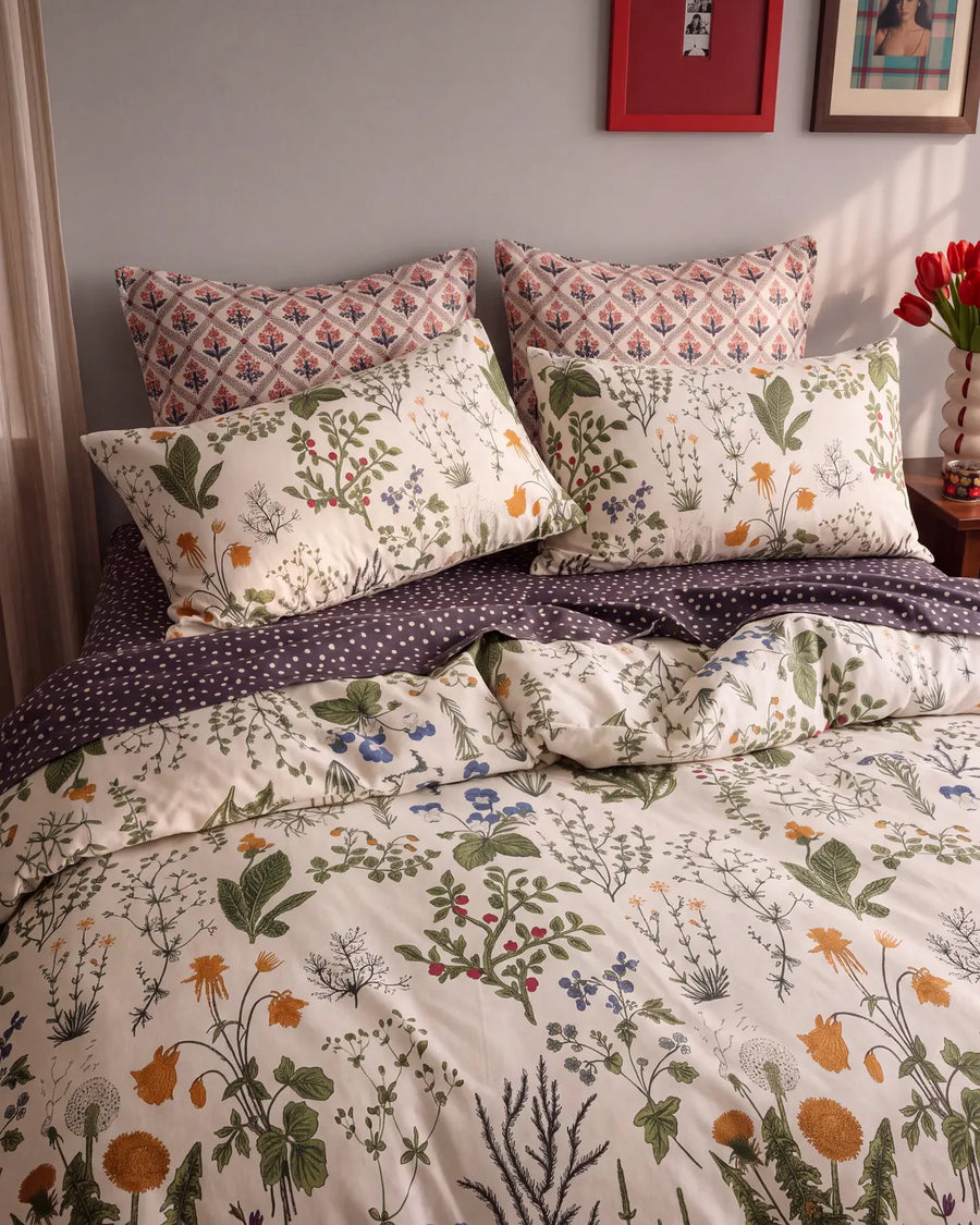 vintage herbarium botanical bedding styling