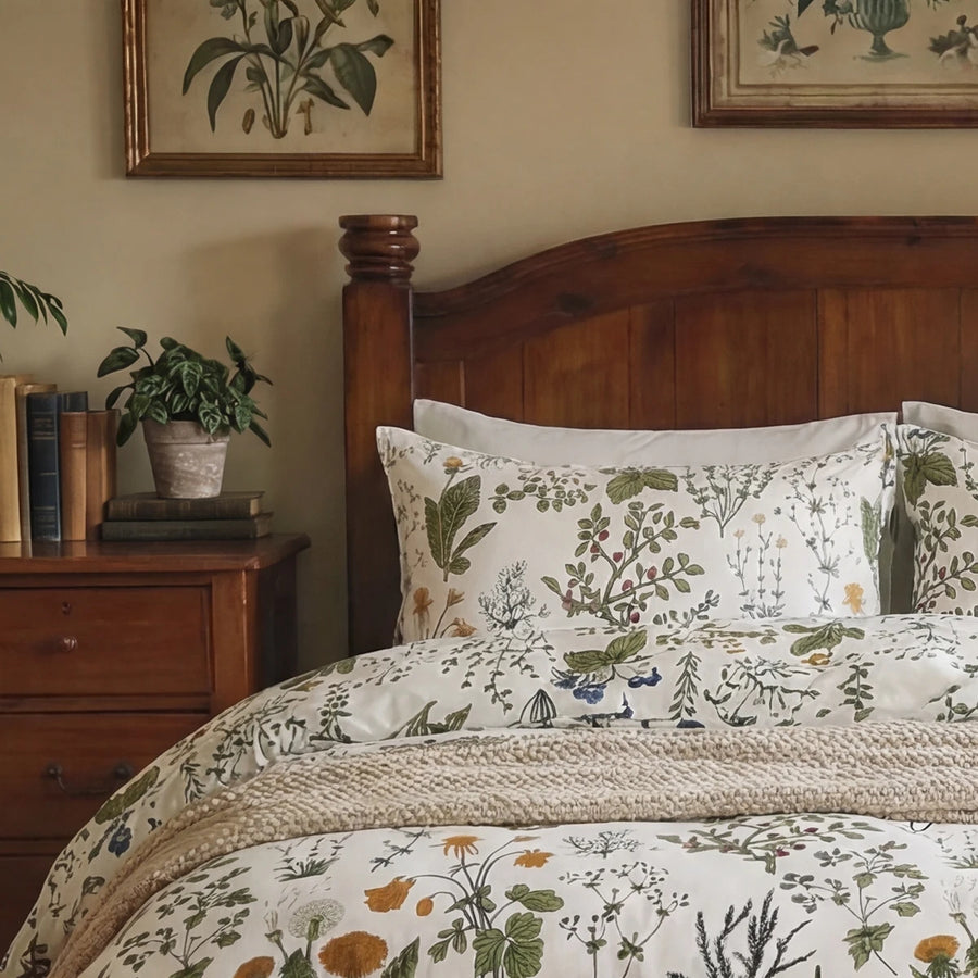 close-up of botanical print cotton pillowcases with wildflower and berry illustrations