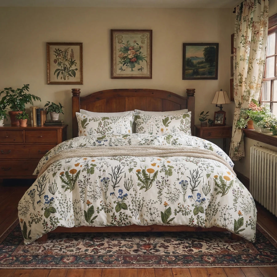 full bedroom scene featuring the botanical duvet set with antique wood furniture and plants