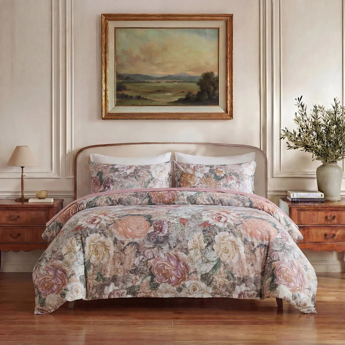 Symmetrical front view of vintage rose bedding set