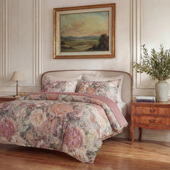 Left angled view of rose print duvet cover set