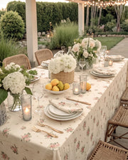 vintage rose tablecloth garden dining scene