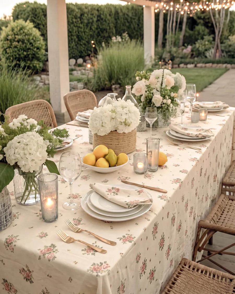 vintage rose tablecloth garden dining scene