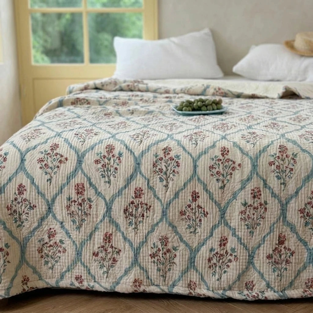 vintage storybook cotton blanket garden trellis drape