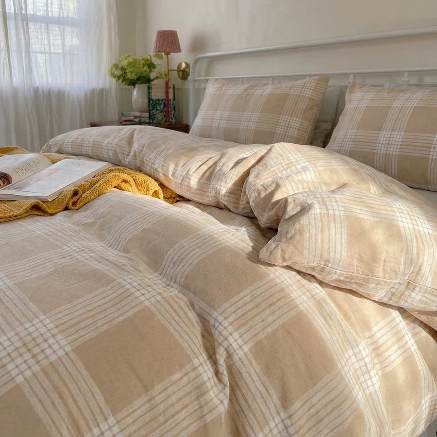 warm caramel check duvet set soft breathable cotton texture