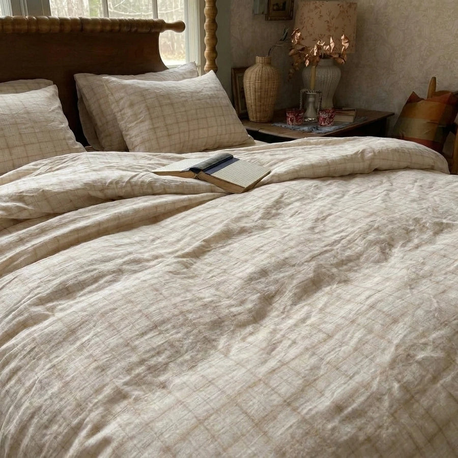 warm wheat check duvet set soft breathable cotton texture