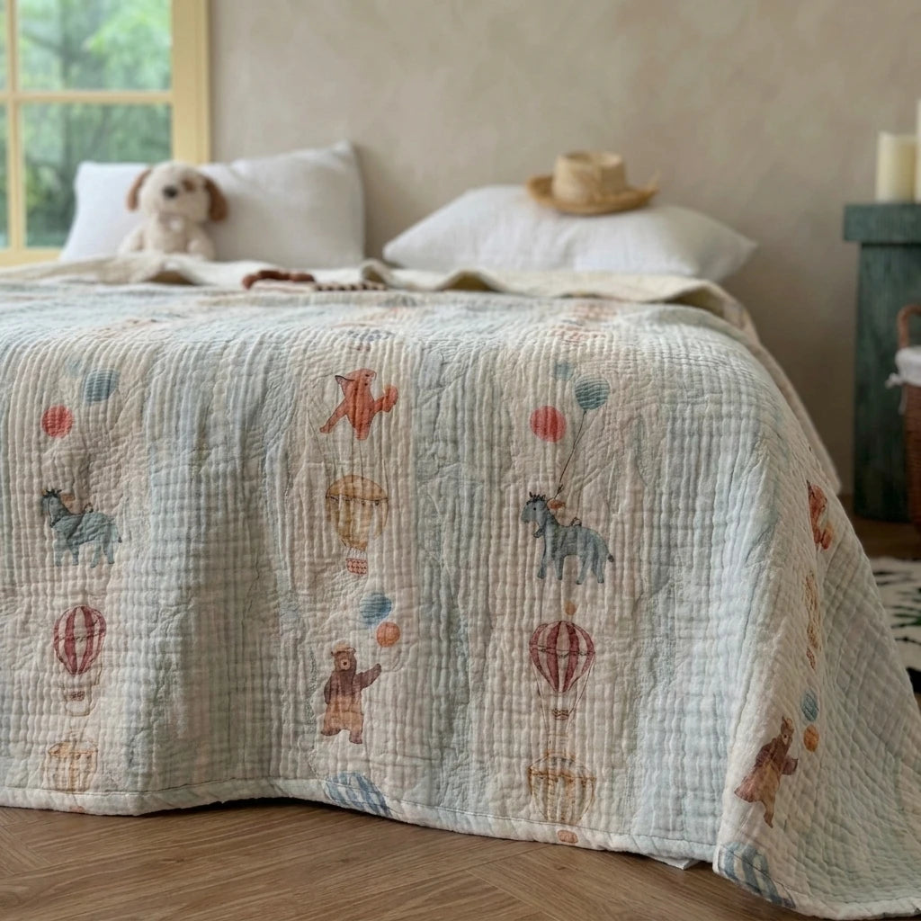whimsical sky pink rose embroidered cotton quilt