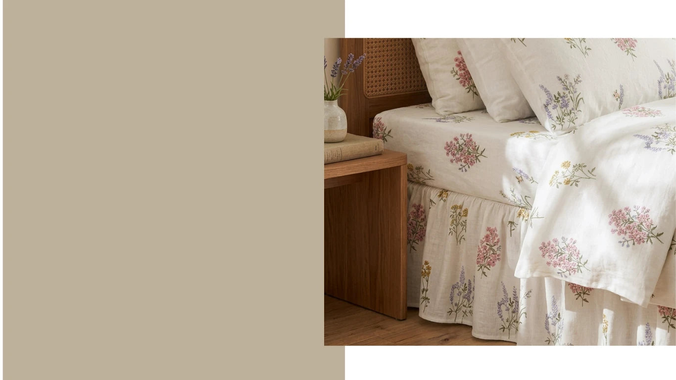 white floral cotton ruffled  bed skirt banner