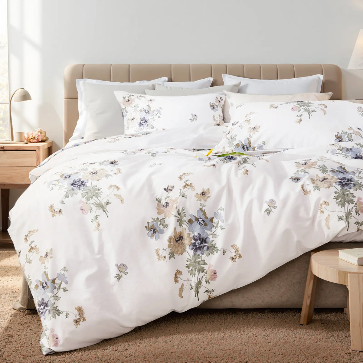 A close-up of the white garden floral duvet cover set showing fabric texture