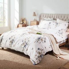 Side view of white garden floral duvet cover set