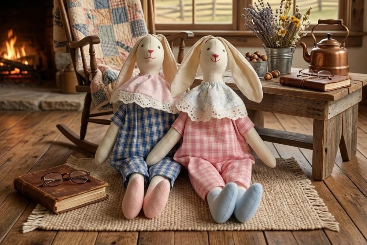 white lace bunny dolls vintage bench bedroom