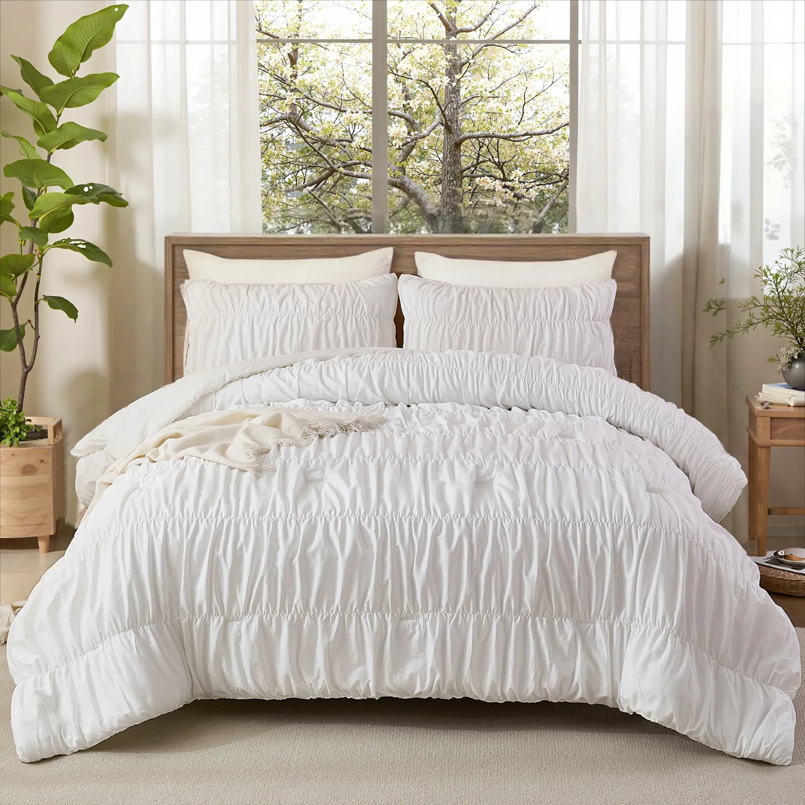 White ruffle cotton comforter front view with pillows