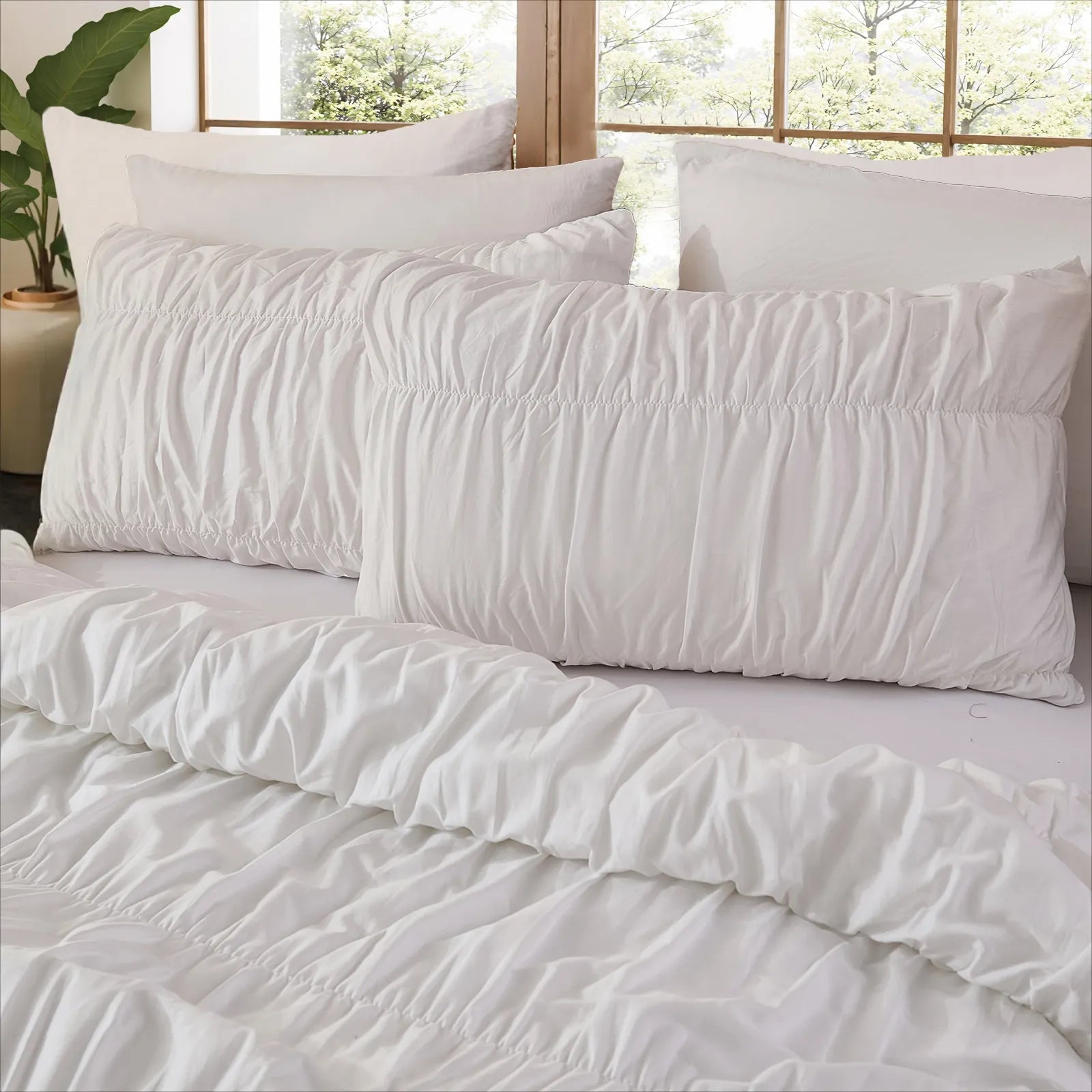 White ruffle cotton comforter window side view