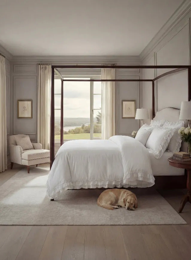 legant white ruffled bedding on a classic four-poster bed