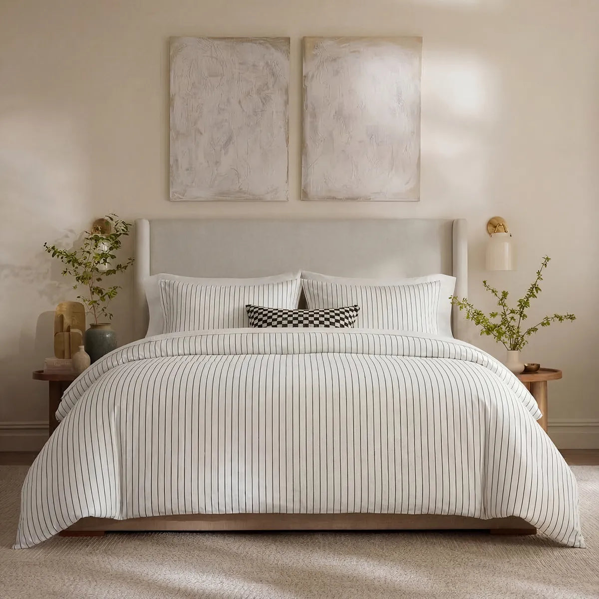 Full front view of white striped bedding set