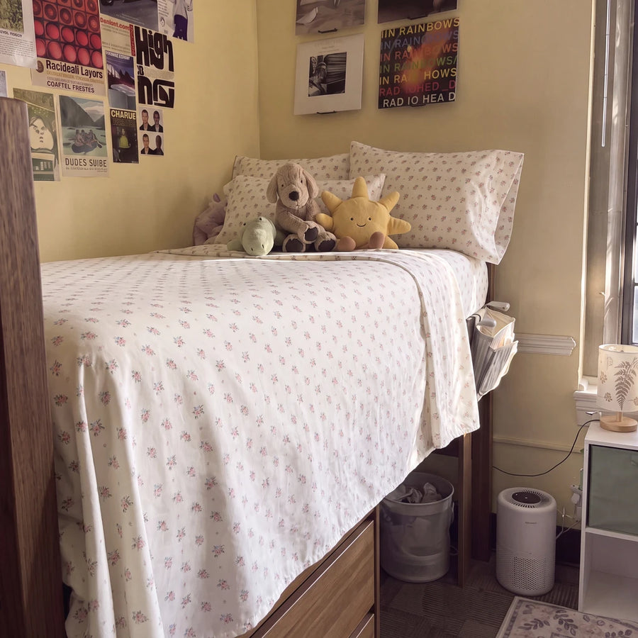 wildflower posy sheet set cream yellow ditsy floral dorm bed lifestyle