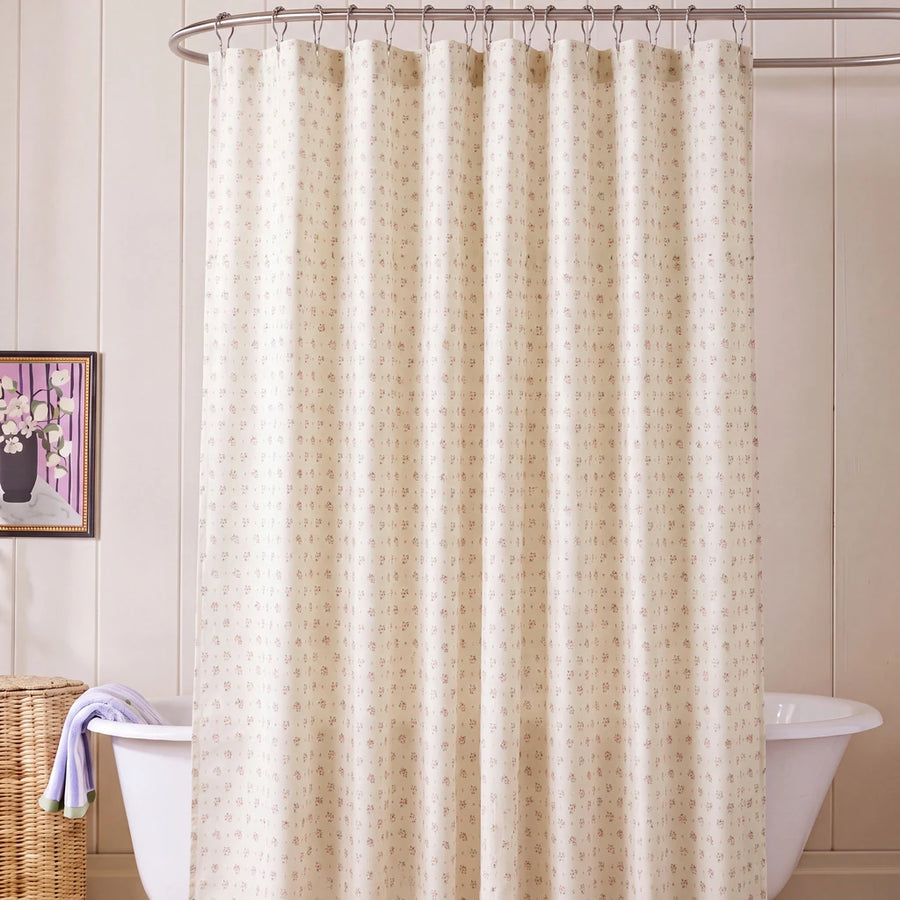 wildflower posy shower curtain cream pink freestanding tub wicker basket