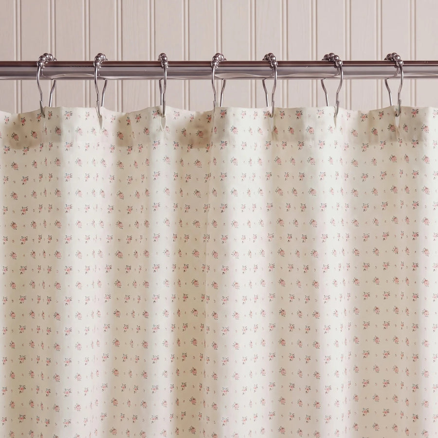 wildflower posy shower curtain cream pink metal rings beadboard