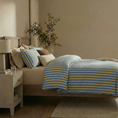 Yellow blue striped duvet side view