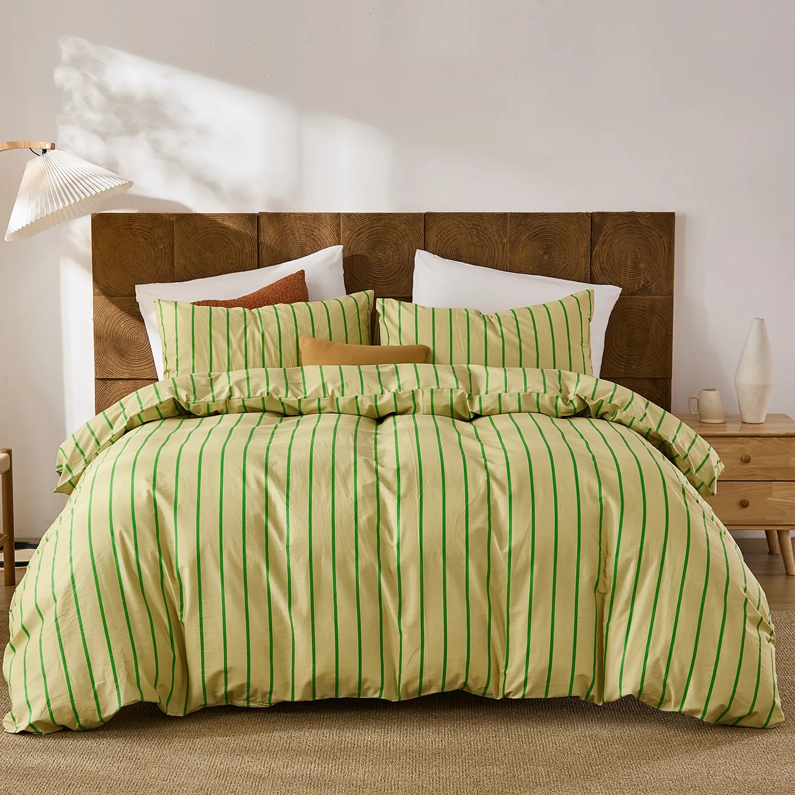 yellow-green pinstripe bedding set queen size