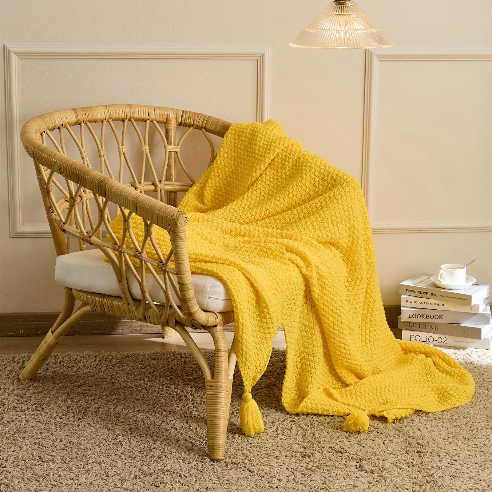 Yellow Knitted Throw Blanket on Rattan Chair with Tassels Boho Decor